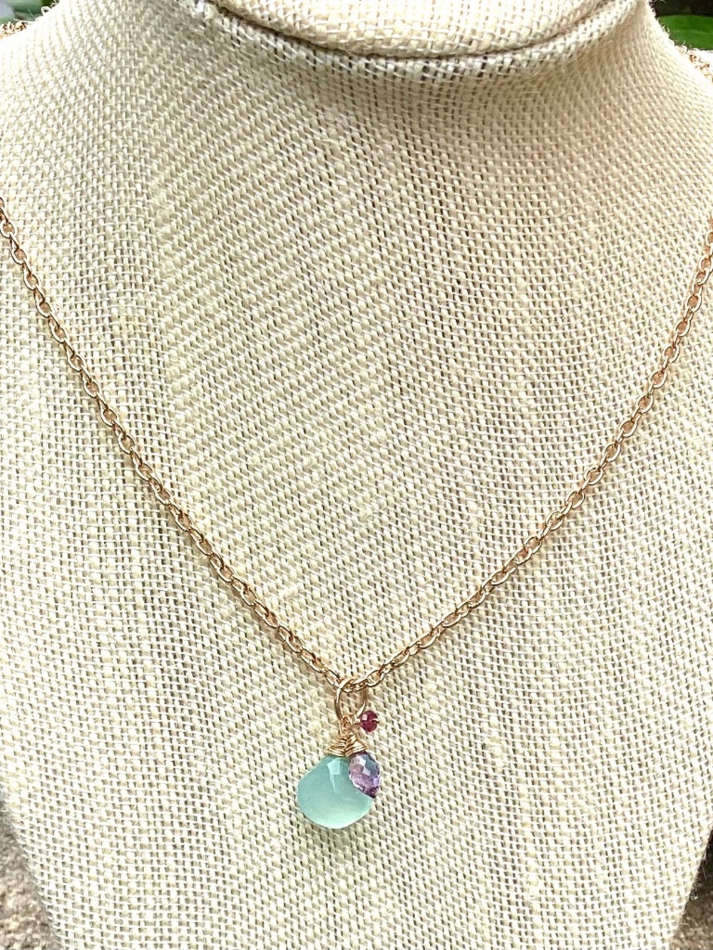 Handmade Blue Chalcedony, Amethyst and Garnet Drop Necklace, Gold Tone, NWT
